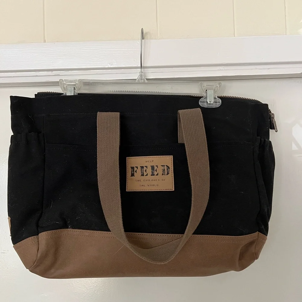 FEED Black Diaper Bag Organic Cotton w/ Changing Pad & Strap